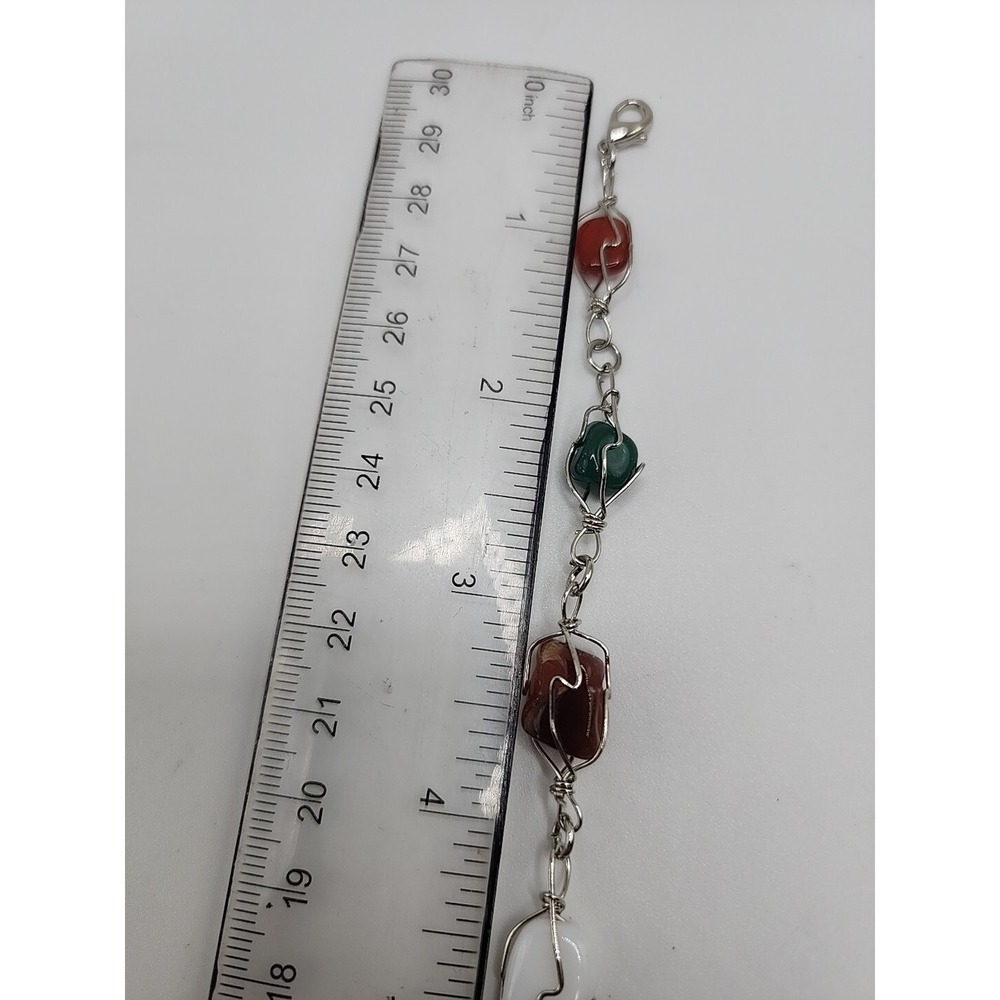 Vintage Polished Multicolor Quartz Stone Silver Tone Wire Wrap Art Boho Bracelet - Picture 8 of 10